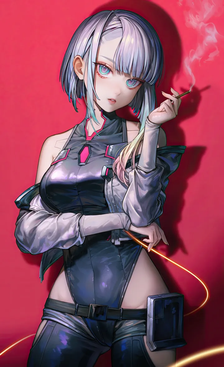 1girl,cowboy_shot,medium_breasts,breasts,parted_bangs,bangs,solo,smoking,multicolored_hair,multicolored_eyes,jacket,makeup,parted_lips,holding_cigarette,holding,hip_vent,smoke,belt,looking_at_viewer,short_hair,vertical,leotard,red_lips,red_eyeliner,red_background,blue_eyes,open_jacket,open_clothes,cyberpunk,cyborg,large_breasts,bodysuit,bare_shoulders,off_shoulder,cigarette,highleg,highleg_leotard