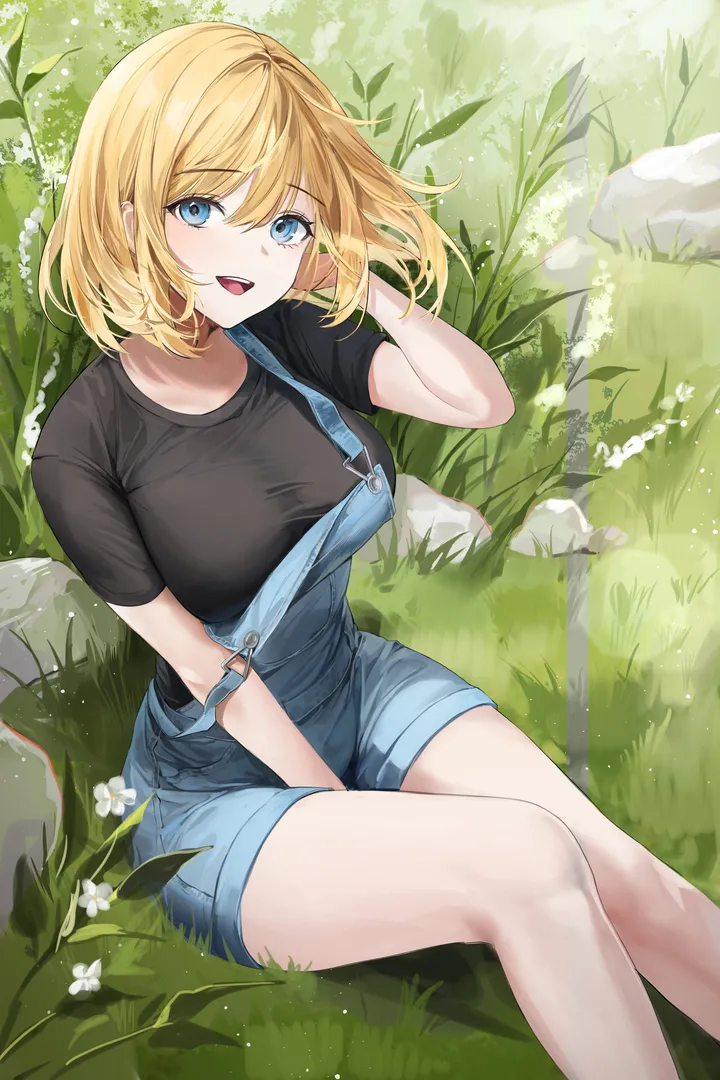 1girl,t-shirt,virtual_youtuber,between_legs,medium_hair,breasts,bangs,solo,feet_out_of_frame,sitting,thighs,rock,overalls,overall_shorts,open_mouth,outdoors,hand_between_legs,bob_cut,teeth,hand_in_own_hair,day,white_flower,looking_at_viewer,short_hair,short_sleeves,vertical,smile,taut_clothes,taut_shirt,grass,blue_eyes,shirt,large_breasts,blonde_hair,flower,black_shirt