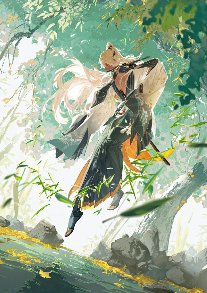 1boy,full_body,sword,solo,leaf,nature,wide_sleeves,rock,outdoors,gloves,japanese_clothes,tree,forest,weapon,water,tassel,male_focus,white_hair,vertical,hakama,blonde_hair,long_hair