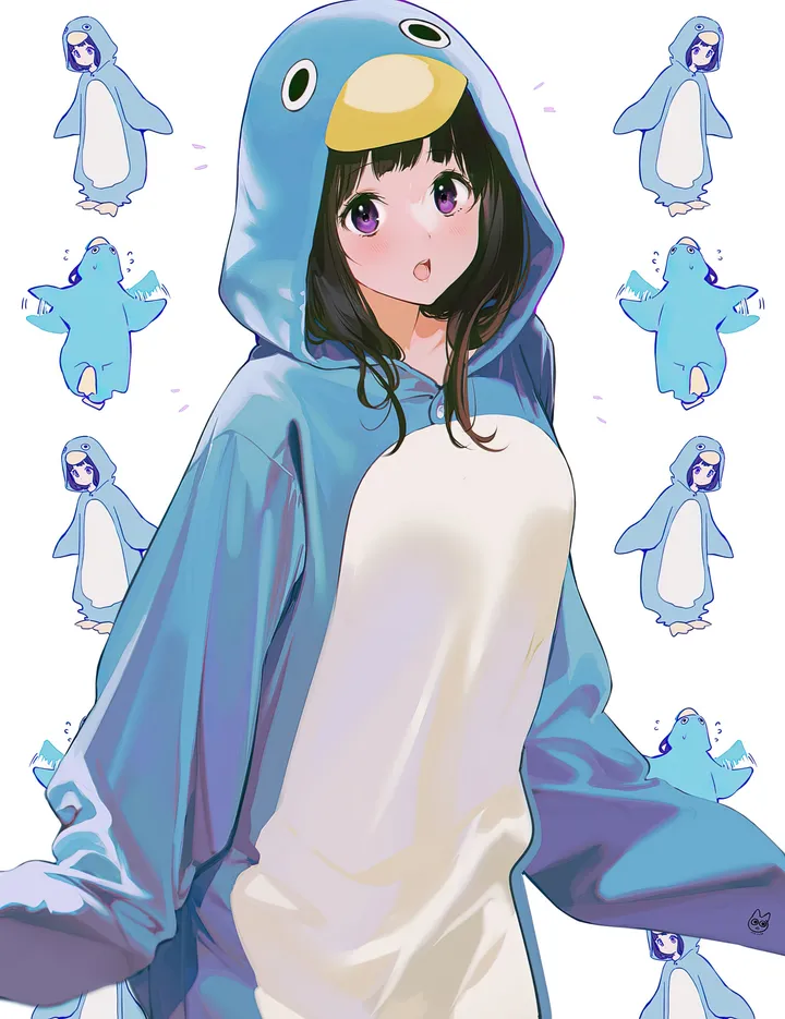 1girl,medium_breasts,breasts,upper_teeth_only,artist_logo,hood,bangs,animal_costume,multiple_views,open_mouth,hood_up,simple_background,white_background,looking_at_viewer,vertical,standing,purple_eyes,blush,sleeves_past_wrists,long_hair,long_sleeves,bird,black_hair