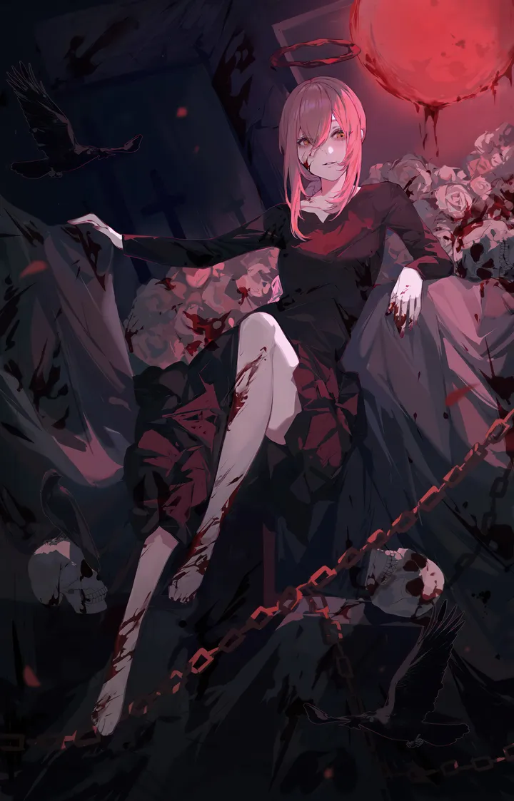 1girl,braid,medium_hair,crow,breasts,bangs,cross,solo,ringed_eyes,sitting,tombstone,halo,sidelocks,hair_between_eyes,blood_on_hands,moon,looking_at_viewer,vertical,smile,pink_hair,red_hair,red_moon,blood_on_face,blood,barefoot,dress,chain,long_hair,long_sleeves,skull,bird,braided_ponytail,yellow_eyes,black_dress