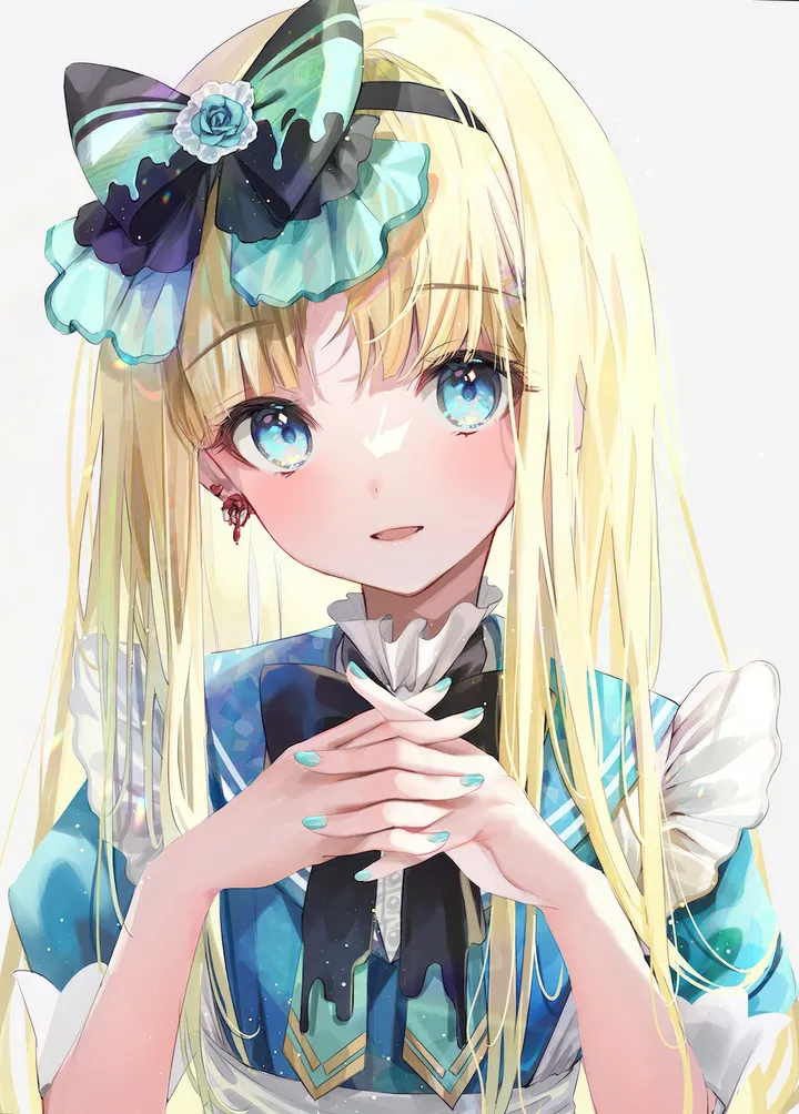 1girl,virtual_youtuber,upper_body,bangs,interlocked_fingers,solo,hands_up,own_hands_together,hairband,apron,open_mouth,fingernails,nail_polish,simple_background,rose,jewelry,white_background,looking_at_viewer,short_sleeves,vertical,smile,earrings,blush,frills,blue_nails,blue_eyes,blue_dress,puffy_short_sleeves,puffy_sleeves,bow,hair_bow,dress,blonde_hair,long_hair,flower,black_hairband,black_bow