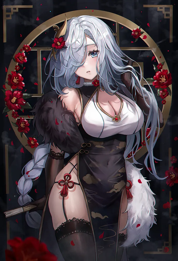 1girl,cowboy_shot,braid,chinese_clothes,breasts,cleavage,bangs,solo,single_braid,garter_straps,panty_straps,thighs,hair_flower,hair_ornament,hair_over_one_eye,very_long_hair,parted_lips,hand_fan,gloves,folding_fan,hand_up,holding_fan,holding,china_dress,pelvic_curtain,sleeveless,sleeveless_dress,tassel,tassel_earrings,grey_hair,jewelry,hand_in_own_hair,white_hair,looking_at_viewer,alternate_costume,vertical,red_flower,feather_boa,earrings,blush,petals,blue_eyes,lace-trimmed_legwear,lace_trim,clothing_cutout,large_breasts,thighhighs,dress,gold_trim,long_hair,elbow_gloves,covered_navel,cleavage_cutout,bare_shoulders,flower,braided_ponytail,black_garter_straps,black_gloves,black_thighhighs,black_dress