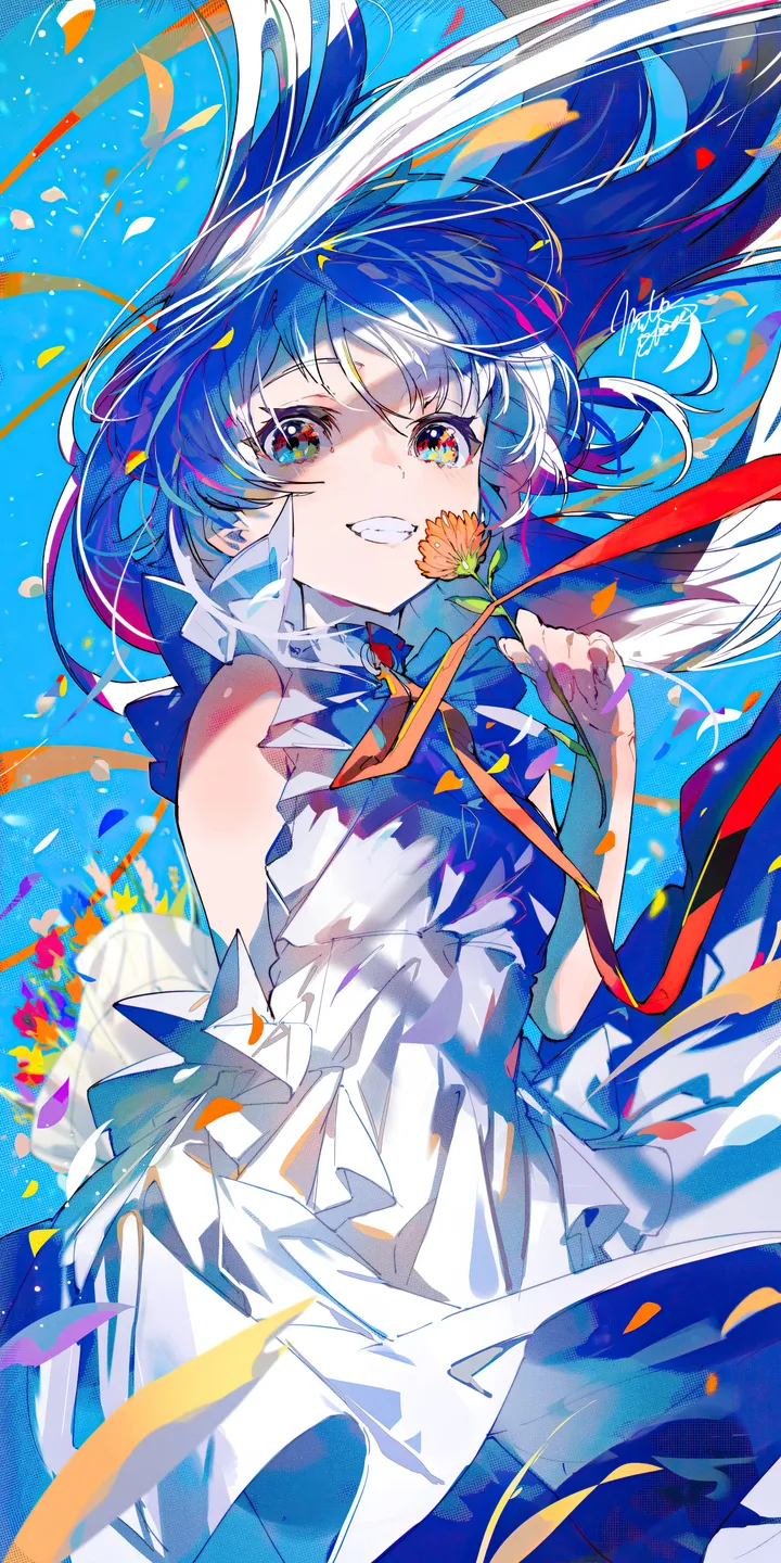 1girl,ribbon,bangs,solo,multicolored_eyes,sky,hand_up,holding,holding_flower,sleeveless,sleeveless_dress,orange_flower,teeth,white_dress,looking_at_viewer,vertical,smile,signature,red_ribbon,petals,blue_sky,blue_hair,blue_eyes,blue_background,dress,long_hair,bare_shoulders,grin,floating_hair,flower,yellow_flower