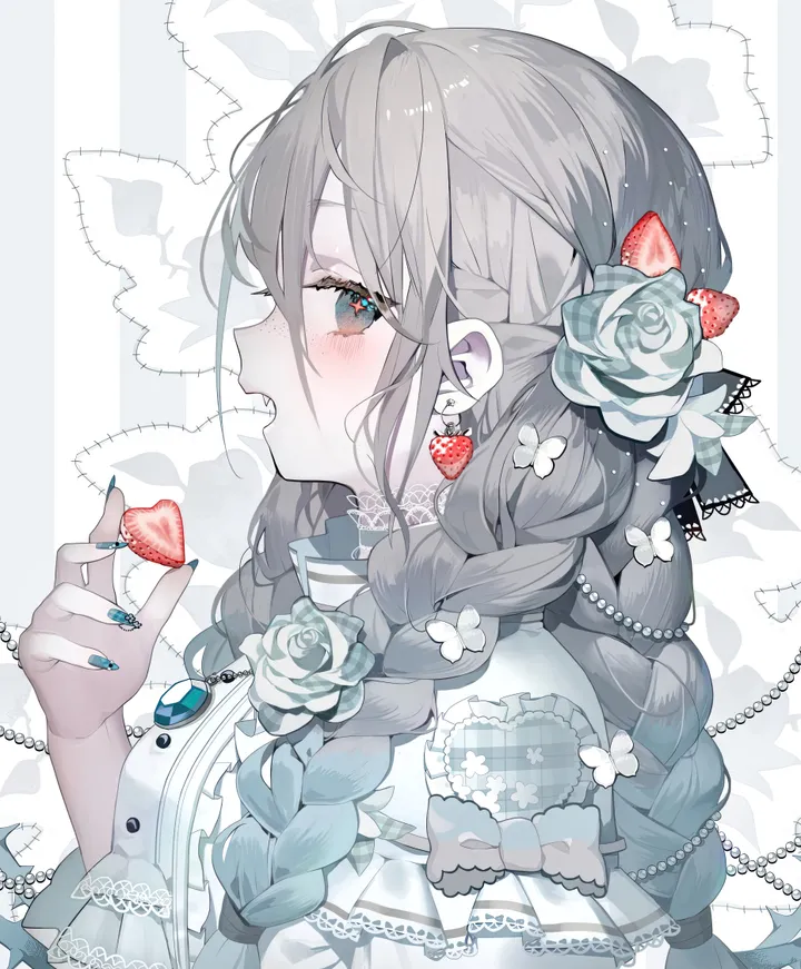 1girl,braid,twin_braids,upper_body,from_side,bangs,solo,hair_flower,hair_ornament,gem,hair_between_eyes,open_mouth,hand_up,holding,holding_fruit,holding_food,nail_polish,fruit,grey_hair,rose,jewelry,white_rose,white_background,white_flower,white_shirt,looking_at_viewer,vertical,earrings,brooch,blush,frills,strawberry,blue_nails,fang,bow,shirt,long_hair,freckles,food,flower