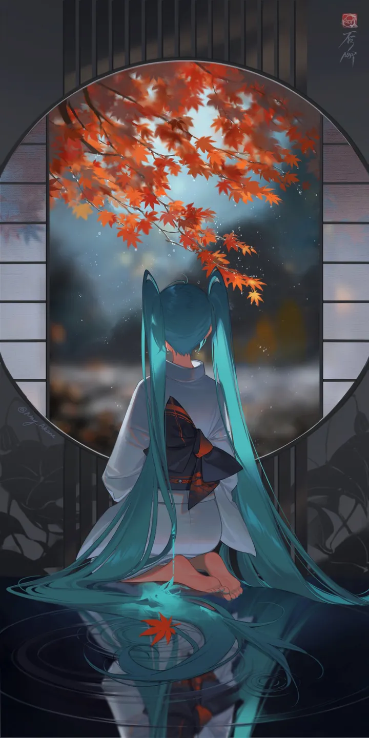 1girl,full_body,solo,twintails,reflective_floor,reflection,leaf,kimono,obi,sitting,indoors,very_long_hair,holding,japanese_clothes,sash,depth_of_field,maple_leaf,blurry,seiza,water,aqua_hair,ripples,white_kimono,autumn_leaves,vertical,from_behind,feet,soles,toes,barefoot,absurdly_long_hair,long_hair,long_sleeves,facing_away