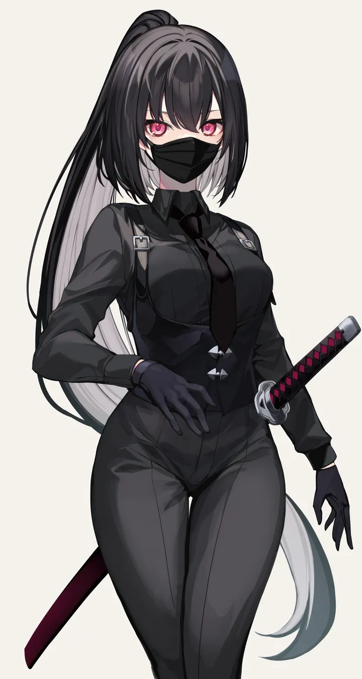 1girl,cowboy_shot,medium_breasts,breasts,sheathed,bangs,sword,sheath,solo,mouth_mask,multicolored_hair,very_long_hair,gloves,katana,collared_shirt,simple_background,weapon,white_background,looking_at_viewer,vertical,pink_eyes,red_eyes,shirt,pants,long_hair,long_sleeves,mask,necktie,ponytail,black_hair,black_gloves,black_shirt,black_pants,black_necktie