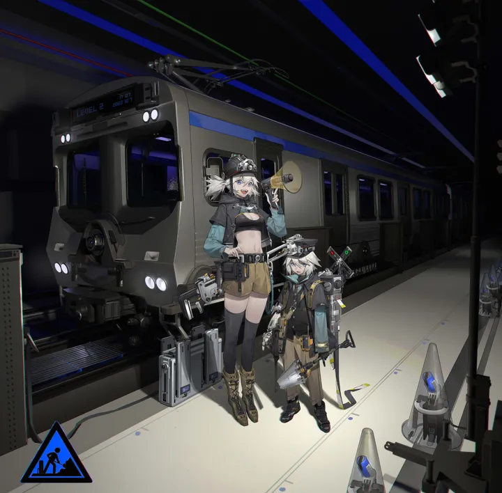 1boy,2girls,medium_breasts,breasts,sign,hand_on_hip,ground_vehicle,multiple_girls,jacket,hat,open_mouth,holding_weapon,megaphone,holding,gun,brown_shorts,weapon,white_hair,belt,looking_at_viewer,short_hair,shorts,vertical,standing,smile,navel,blue_eyes,road_sign,thighhighs,boots,midriff,black_headwear