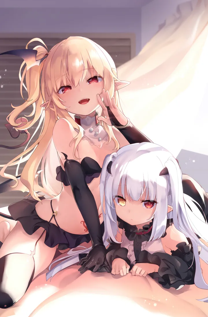 2girls,detached_sleeves,breasts,underwear,panties,one_side_up,garter_straps,multiple_girls,pointy_ears,bridal_gauntlets,tail,heterochromia,open_mouth,demon_girl,demon_tail,gloves,pubic_tattoo,white_hair,looking_at_viewer,vertical,smile,red_eyes,tattoo,navel,horns,on_stomach,lying,small_breasts,thighhighs,blonde_hair,long_hair,elbow_gloves,bare_shoulders,yellow_eyes,black_panties,black_gloves