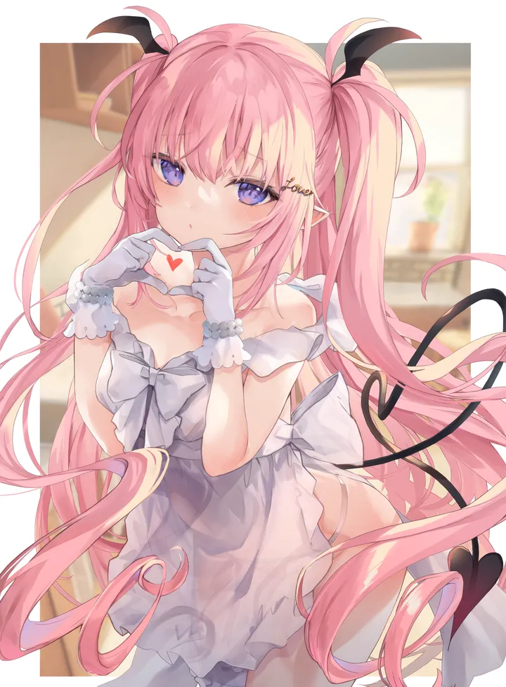 1girl,cowboy_shot,breasts,underwear,panties,bangs,solo,hands_up,heart_hands,hairclip,closed_mouth,apron,head_wings,hair_ornament,pointy_ears,two_side_up,tail,very_long_hair,heart,heart_tail,demon_girl,demon_tail,gloves,blurry,blurry_background,white_panties,white_gloves,looking_at_viewer,vertical,standing,pink_hair,string_panties,purple_eyes,blush,frills,small_breasts,collarbone,long_hair,bare_shoulders