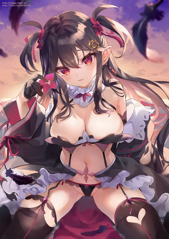 1girl,detached_sleeves,breasts,cleavage,underwear,panties,solo,garter_straps,closed_mouth,sitting,thighs,hair_ornament,sidelocks,pointy_ears,wide_sleeves,two_side_up,stomach,outdoors,gloves,hand_up,holding,looking_at_viewer,skirt,revealing_clothes,vertical,red_eyes,feathers,navel,frills,skindentation,large_breasts,thighhighs,long_hair,long_sleeves,bare_shoulders,off_shoulder,flower,black_panties,black_hair,black_gloves,black_skirt,black_thighhighs