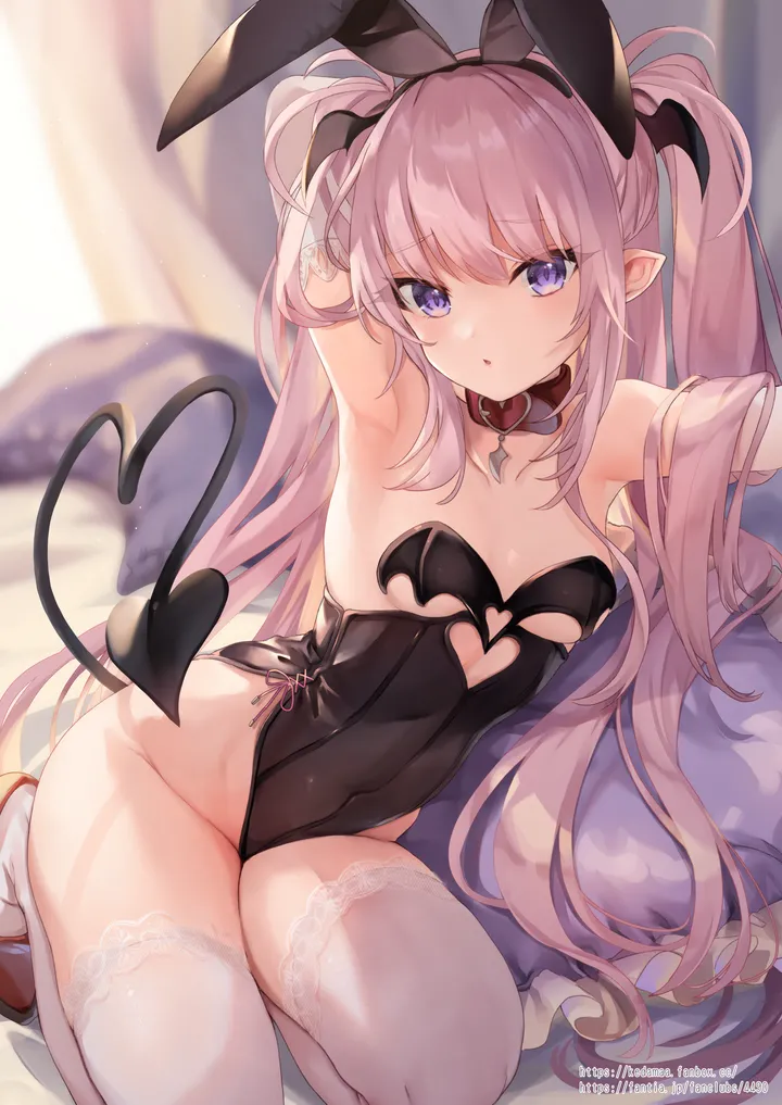 1girl,arm_up,arms_up,breasts,playboy_bunny,rabbit_ears,animal_ears,bangs,fake_animal_ears,solo,hairband,thighs,sidelocks,pointy_ears,two_side_up,tail,very_long_hair,parted_lips,heart,heart_tail,demon_girl,demon_tail,strapless,strapless_leotard,depth_of_field,pillow,blurry,blurry_background,white_thighhighs,looking_at_viewer,vertical,pink_hair,leotard,purple_eyes,groin,armpits,heart_cutout,clothing_cutout,bare_arms,kneeling,small_breasts,thighhighs,long_hair,covered_navel,bare_shoulders,collar,hair_flowing_over,highleg,highleg_leotard,high_heels,black_leotard