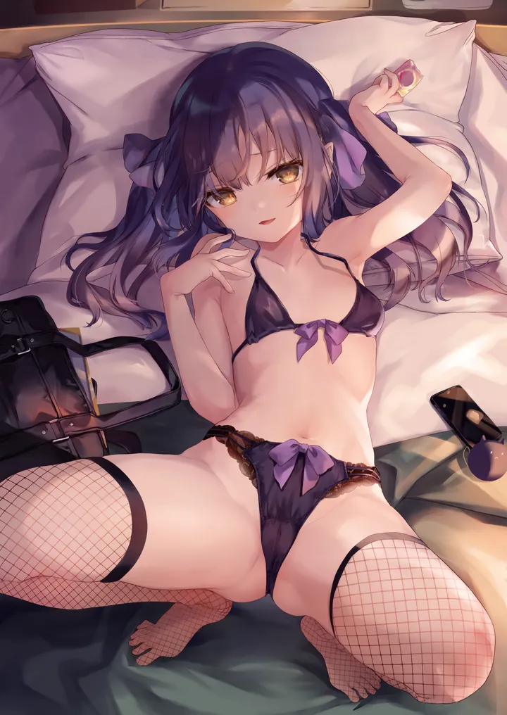 1girl,ribbon,arm_up,breasts,underwear_only,on_back,underwear,panties,spread_legs,bangs,bag,solo,on_bed,hair_ribbon,lingerie,condom_wrapper,bed,open_mouth,holding,pillow,brown_eyes,fishnets,looking_at_viewer,vertical,smile,navel,bra,blush,lying,small_breasts,thighhighs,condom,collarbone,long_hair,fishnet_thighhighs,yellow_eyes,black_panties,black_hair,black_bra