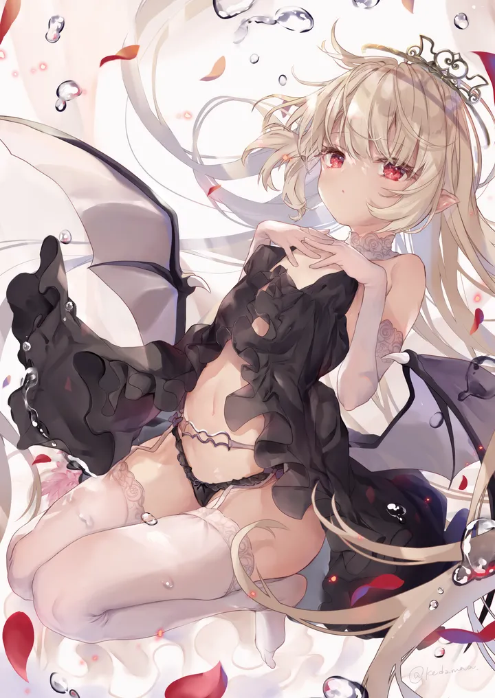 1girl,breasts,underwear,panties,bangs,solo,garter_straps,garter_belt,pointy_ears,stomach,very_long_hair,demon_girl,demon_wings,gloves,no_shoes,white_gloves,white_background,white_thighhighs,tiara,looking_at_viewer,vertical,red_eyes,wings,navel,petals,small_breasts,thighhighs,dress,blonde_hair,long_hair,elbow_gloves,bare_shoulders,black_panties,black_dress