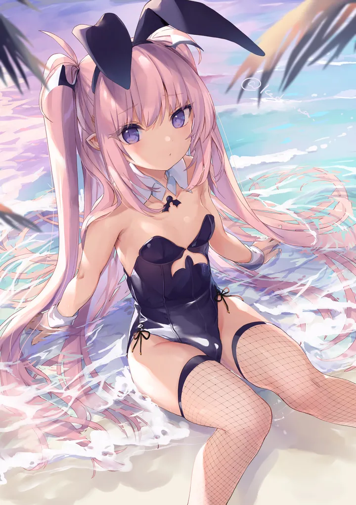 1girl,breasts,playboy_bunny,rabbit_ears,animal_ears,bangs,fake_animal_ears,solo,feet_out_of_frame,twintails,hairband,closed_mouth,sitting,pointy_ears,two_side_up,very_long_hair,outdoors,strapless,strapless_leotard,water,beach,fishnets,white_collar,looking_at_viewer,vertical,pink_hair,wrist_cuffs,leotard,purple_eyes,bare_arms,small_breasts,thighhighs,long_hair,bare_shoulders,detached_collar,fishnet_thighhighs,black_leotard