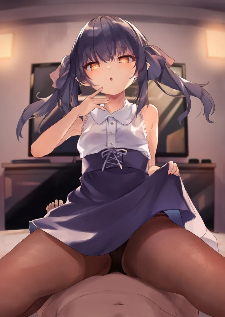 1girl,1boy,ribbon,breasts,underwear,panties,bangs,solo_focus,twintails,sitting,sitting_on_person,hair_ribbon,girl_on_top,pointy_ears,indoors,skirt_lift,hetero,parted_lips,hand_up,lifted_by_self,clothes_lift,sleeveless,sleeveless_shirt,collared_shirt,brown_pantyhose,blurry,television,white_shirt,looking_at_viewer,skirt,panties_under_pantyhose,vertical,navel,blush,shirt,bare_arms,straddling,small_breasts,pantyhose,long_hair,bare_shoulders,high-waist_skirt,yellow_eyes,black_panties,black_hair,black_skirt