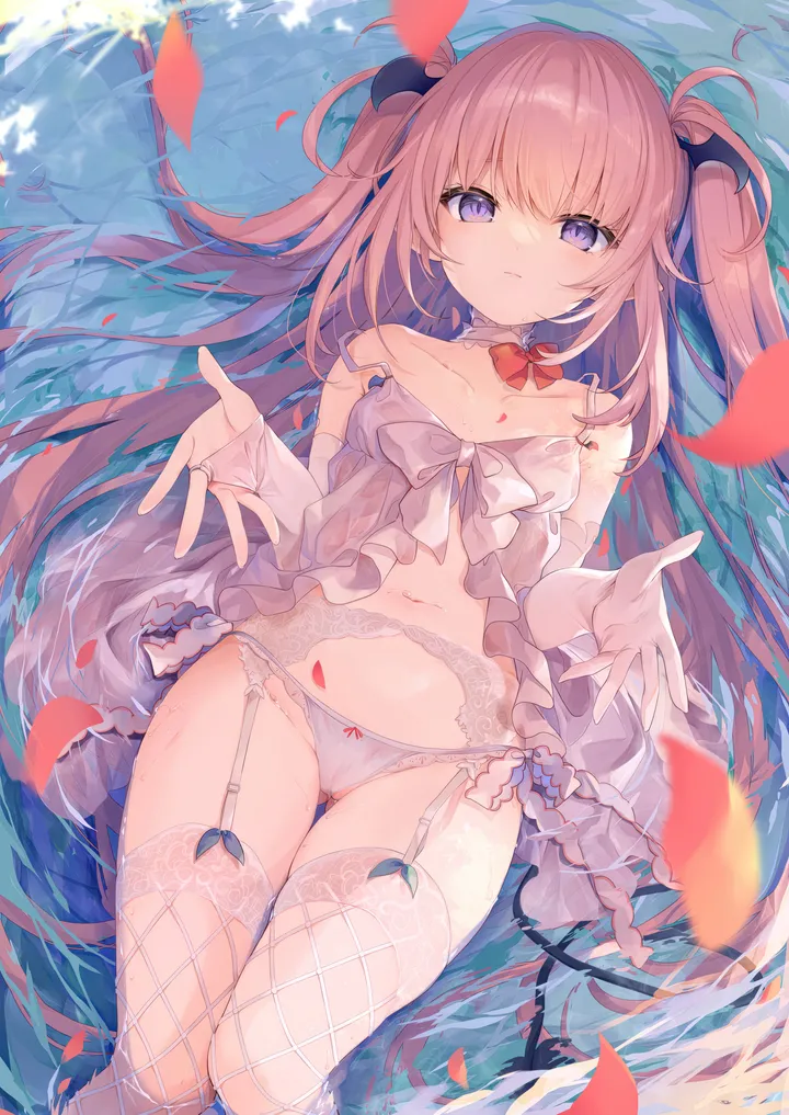 1girl,breasts,underwear_only,on_back,underwear,panties,solo,garter_straps,garter_belt,closed_mouth,thighs,lingerie,bridal_gauntlets,two_side_up,stomach,tail,very_long_hair,babydoll,demon_girl,demon_tail,gloves,water,fishnets,white_panties,white_gloves,white_thighhighs,looking_at_viewer,vertical,pink_hair,purple_eyes,navel,spaghetti_strap,petals,bow,strap_slip,cameltoe,wet,lying,small_breasts,thighhighs,partially_submerged,collarbone,long_hair,elbow_gloves,bare_shoulders,choker