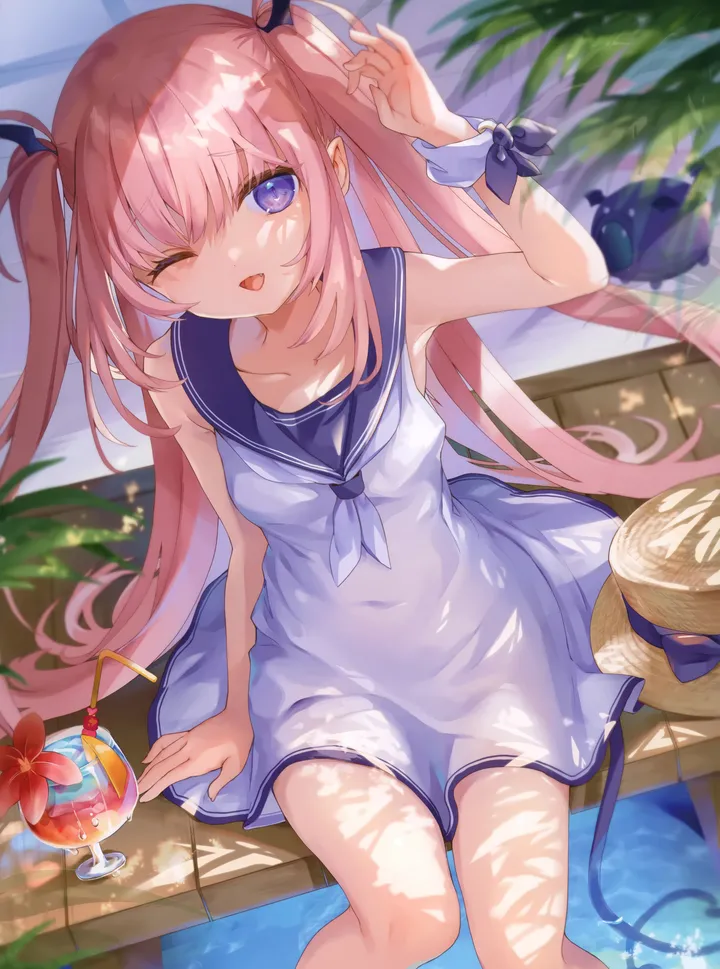 1girl,arm_up,breasts,bangs,solo,feet_out_of_frame,twintails,drinking_straw,sitting,pointy_ears,two_side_up,hat,open_mouth,very_long_hair,outdoors,headwear_removed,hat_removed,sleeveless,sleeveless_dress,cup,water,sailor_dress,sailor_collar,soaking_feet,tropical_drink,white_dress,looking_at_viewer,vertical,smile,pink_hair,purple_eyes,blush,straw_hat,blue_sailor_collar,fang,small_breasts,dress,drinking_glass,collarbone,long_hair,one_eye_closed,sunlight,covered_navel,bare_shoulders,shade,drink,flower