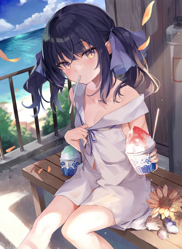 1girl,ribbon,breasts,cloud,ice_cream,bangs,shaved_ice,solo,twintails,sunflower,utensil_in_mouth,horizon,sitting,summer,cloudy_sky,sky,hair_ribbon,outdoors,holding_cup,holding,sleeveless,cup,brown_eyes,water,sweat,spoon,mole_under_eye,ocean,beach,mouth_hold,mole,day,white_dress,looking_at_viewer,vertical,blush,petals,blue_ribbon,blue_sky,small_breasts,dress,collarbone,bench,long_hair,bare_shoulders,off_shoulder,food,flower,yellow_eyes,black_hair