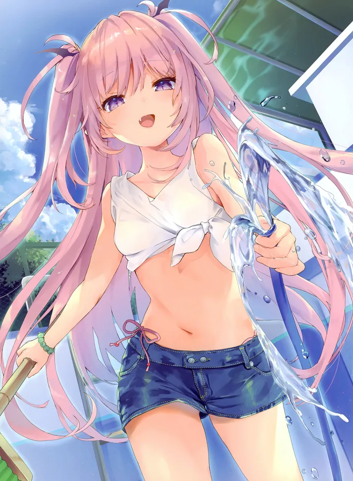 1girl,cowboy_shot,side-tie_bikini_bottom,breasts,cloud,front-tie_top,solo,side-tie_peek,thighs,sky,two_side_up,micro_shorts,stomach,open_mouth,very_long_hair,outdoors,holding_broom,bracelet,broom,mop,holding,sleeveless,sleeveless_shirt,bikini,bikini_under_clothes,water,pool,swimsuit,cutoffs,denim,denim_shorts,beads,bead_bracelet,jewelry,day,white_shirt,looking_at_viewer,shorts,vertical,standing,smile,pink_hair,pink_bikini,short_shorts,purple_eyes,navel,blue_shorts,fang,tied_shirt,shirt,bare_arms,hose,small_breasts,long_hair,midriff,bare_shoulders,crop_top