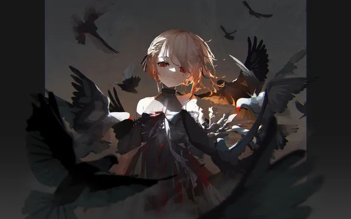 1girl,flock,braid,crow,bangs,solo,closed_mouth,gloves,sleeveless,sleeveless_dress,brown_hair,horizontal,looking_at_viewer,short_hair,smile,red_eyes,blood,dress,elbow_gloves,bare_shoulders,bird,black_gloves,black_dress