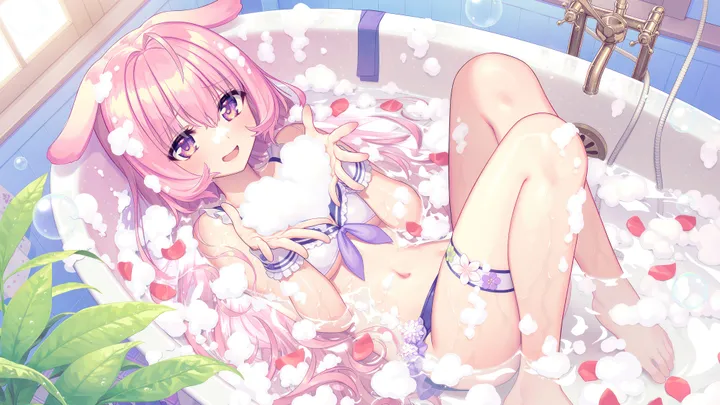 1girl,breasts,front-tie_top,rabbit_ears,bathing,animal_ears,bangs,solo,hands_up,ahoge,thigh_strap,indoors,hair_between_eyes,open_mouth,very_long_hair,heart,knees_up,plant,horizontal,bikini,water,sailor_bikini,sailor_collar,petals_on_liquid,bubble,swimsuit,bath,bathtub,white_bikini,looking_at_viewer,window,smile,symbol-shaped_pupils,pink_hair,wrist_cuffs,purple_bikini,purple_eyes,navel,soap_bubbles,blush,petals,frills,fang,wet,barefoot,long_hair,bare_shoulders