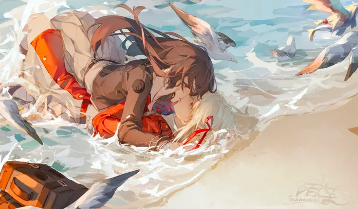 2girls,ribbon,kiss,on_back,bangs,closed_eyes,two-tone_dress,multiple_girls,hair_ribbon,girl_on_top,outdoors,collared_shirt,school_uniform,brown_hair,horizontal,water,waves,beach,seagull,grey_dress,white_shirt,yuri,pleated_dress,belt,looking_at_another,short_hair,red_ribbon,red_eyes,red_belt,red_dress,blue_belt,shirt,lying_on_person,lying,dress,blonde_hair,long_hair,long_sleeves,bird,black_hair