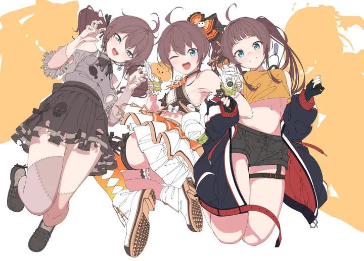 3girls,virtual_youtuber,ribbon,zombie,side_ponytail,bangs,twintails,ahoge,claw_pose,multiple_girls,multiple_persona,thigh_strap,hair_ribbon,jacket,official_alternate_costume,open_mouth,gloves,holding,holding_microphone,fingerless_gloves,brown_hair,horizontal,orange_shirt,aqua_eyes,grey_shirt,white_gloves,looking_at_viewer,short_sleeves,skirt,shorts,smile,short_shorts,stitches,navel,blush,frills,blue_eyes,bow,shirt,socks,clothing_cutout,open_jacket,open_clothes,jumping,long_hair,long_sleeves,one_eye_closed,midriff,bare_shoulders,crop_top,grin,shoes,high-waist_skirt,microphone,black_jacket,black_skirt,black_shorts