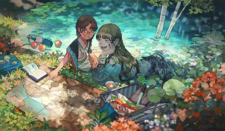 2girls,sandwich,braid,twin_braids,book,monster_girl,bangs,sitting,multiple_girls,nature,open_mouth,outdoors,depth_of_field,cup,tree,brown_hair,plant,blurry,horizontal,water,fruit,pond,dark_skin,teeth,jewelry,day,plate,looking_at_another,glasses,lily_pad,smile,basket,mermaid,vest,grass,blue_eyes,shirt,partially_submerged,picnic,picnic_basket,long_hair,bread,necklace,food,flower