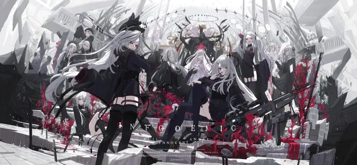 6-girls,sword,sitting,multiple_girls,multiple_boys,jacket,hat,very_long_hair,gloves,holding,horizontal,weapon,white_hair,looking_at_viewer,skirt,standing,smile,red_eyes,shirt,pants,horns,thighhighs,dress,long_hair,long_sleeves,boots,flower,black_headwear,black_jacket,black_gloves,black_dress,black_footwear