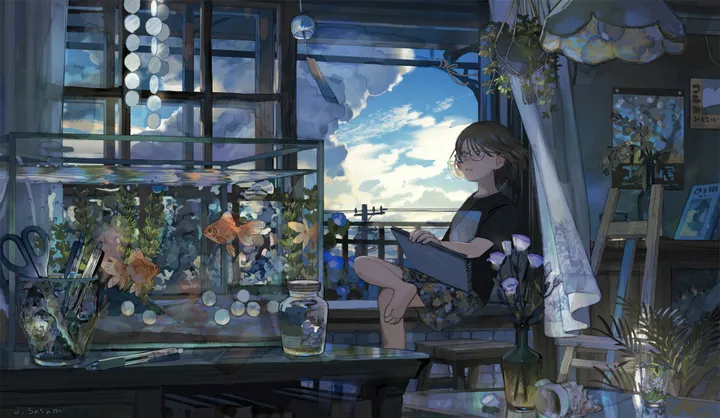 1girl,book,cloud,artist_name,bangs,solo,sitting,cloudy_sky,sky,indoors,holding,dated,table,brown_hair,plant,horizontal,day,potted_plant,glasses,short_hair,short_sleeves,shorts,looking_away,window,curtains,vase,blue_sky,shirt,barefoot,scenery,wind_chime,fish,flower,black_shirt