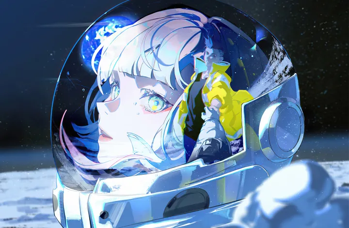 1girl,bangs,solo,reflection,earth_planet,multicolored_hair,multicolored_eyes,sky,space_helmet,portrait,makeup,space,spacesuit,parted_lips,star_sky,starry_sky,moon,blurry,horizontal,white_hair,blunt_bangs,looking_at_viewer,tears,short_hair,blue_eyes,planet