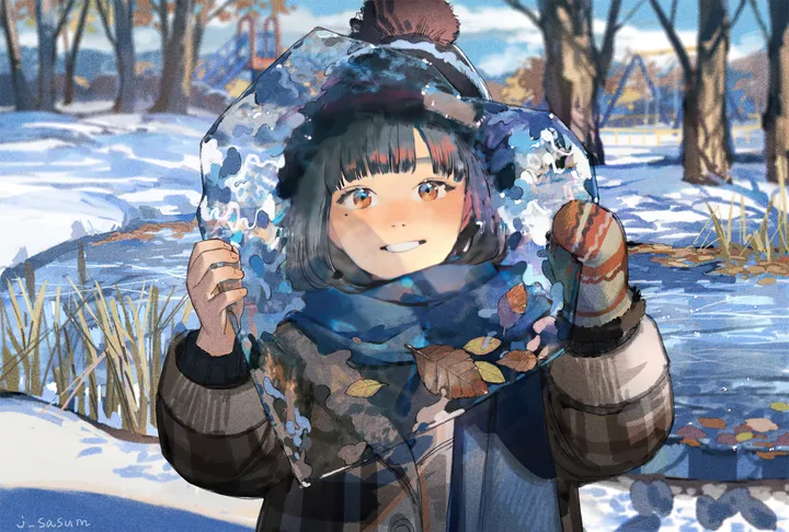 1girl,upper_body,winter,winter_coat,winter_clothes,bangs,solo,hands_up,leaf,scarf,coat,nature,cold,hat,outdoors,gloves,beanie,dated,bare_tree,tree,brown_eyes,horizontal,mole,day,looking_at_viewer,short_hair,autumn_leaves,smile,blush,blue_scarf,mittens,long_sleeves,snow,grin,black_hair