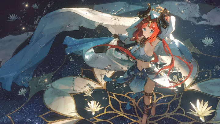 1girl,detached_sleeves,medium_breasts,arm_up,breasts,low_twintails,parted_bangs,bangs,solo,standing_on_one_leg,twintails,closed_mouth,thighs,thighlet,circlet,stomach,gladiator_sandals,very_long_hair,bracer,horizontal,water,aqua_eyes,toenail_polish,jewelry,looking_at_viewer,skirt,standing,smile,red_hair,navel,brooch,toes,armpits,harem_outfit,dancer,blue_eyes,blue_skirt,puffy_sleeves,puffy_long_sleeves,fake_horns,barefoot,horns,dancing,long_hair,long_sleeves,crop_top,veil,floating_hair,flower