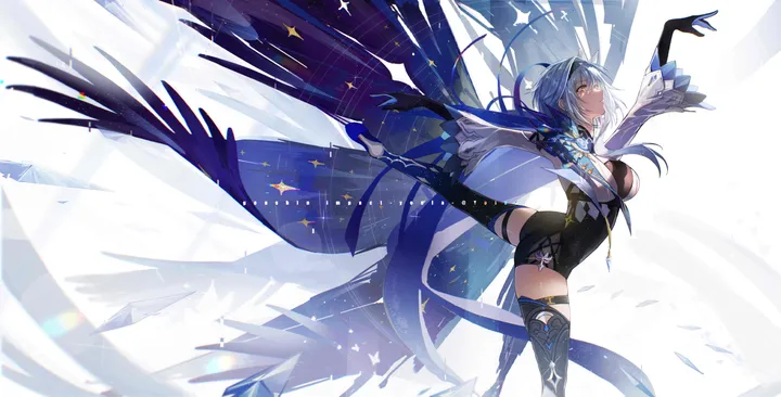 1girl,medium_breasts,medium_hair,breasts,bangs,solo,standing_on_one_leg,leg_up,hairband,thighs,hair_ornament,ass,gloves,cape,horizontal,standing,leotard,wings,blue_hair,blue_cape,dancing,thighhighs,long_sleeves,boots,thigh_boots,yellow_eyes,black_hairband,black_gloves,black_thighhighs