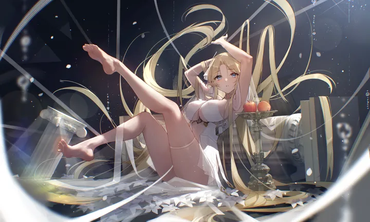 1girl,arms_up,breasts,cleavage,full_body,bangs,solo,leg_up,legs,sitting,thighs,thigh_strap,official_alternate_costume,center_opening,very_long_hair,parted_lips,horizontal,fruit,white_dress,looking_at_viewer,feet,soles,toes,armpits,apple,blue_eyes,bare_legs,barefoot,absurdly_long_hair,large_breasts,dress,blonde_hair,long_hair,food