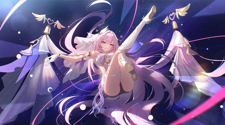 1girl,breasts,cleavage,full_body,underwear,bangs,solo,closed_mouth,hair_ornament,pointy_ears,ass,very_long_hair,gloves,horizontal,white_gloves,white_dress,white_footwear,looking_at_viewer,smile,pink_hair,pink_eyes,elf,dress,long_hair,boots,bare_shoulders,high_heels