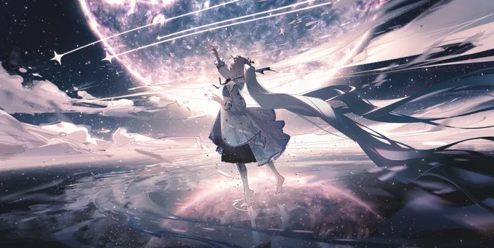 1girl,ribbon,arm_up,cloud,outstretched_arm,solo,twintails,reflection,sky,wide_shot,very_long_hair,star_sky,starry_sky,moon,horizontal,white_dress,standing,blue_hair,barefoot,absurdly_long_hair,dress,long_hair,scenery,floating_hair