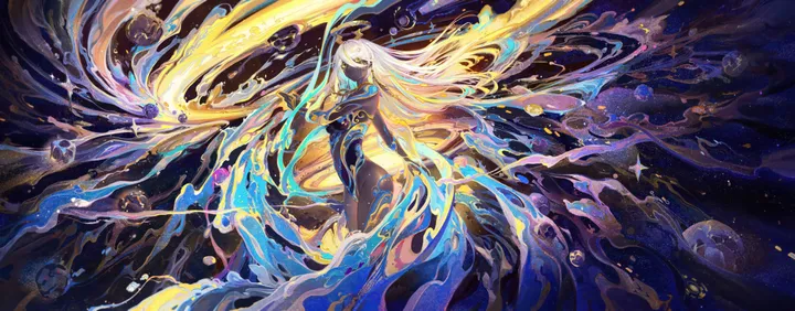 1girl,breasts,solo,multicolored_hair,very_long_hair,horizontal,water,dark_skin,white_hair,looking_at_viewer,long_hair,floating_hair,yellow_eyes,dark-skinned_female,black_skin