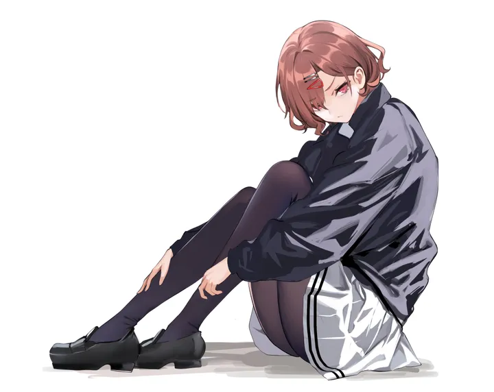 1girl,loafers,full_body,bangs,solo,hairclip,closed_mouth,sitting,hair_ornament,jacket,hugging_own_legs,knees_up,simple_background,brown_hair,horizontal,sweater,mole_under_eye,mole,white_skirt,white_background,pleated_skirt,looking_at_viewer,short_hair,skirt,red_eyes,shirt,pantyhose,miniskirt,long_sleeves,shoes,black_pantyhose,black_footwear