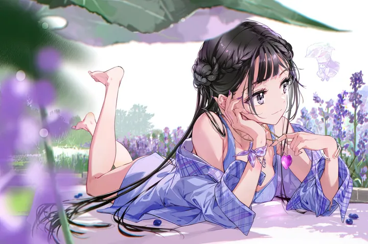 1girl,double_bun,braid,breasts,bangs,blurry_foreground,solo,legs_up,closed_mouth,hair_bun,very_long_hair,head_rest,holding,nail_polish,depth_of_field,plant,blurry,horizontal,jewelry,smile,purple_nails,purple_eyes,purple_flower,feet_up,shirt,barefoot,the_pose,on_stomach,lying,long_hair,bare_shoulders,off_shoulder,necklace,flower,black_hair