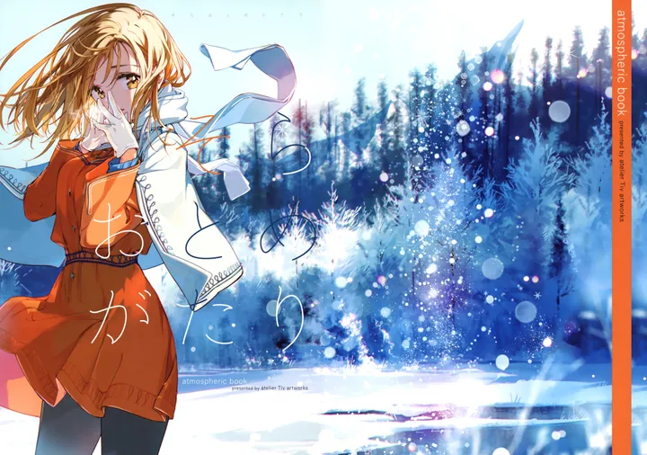 1girl,cowboy_shot,snowing,winter,solo,scarf,nature,cover,capelet,outdoors,tree,forest,horizontal,orange_dress,white_scarf,belt,looking_at_viewer,standing,dress,pantyhose,blonde_hair,long_hair,long_sleeves,snow,yellow_eyes,black_pantyhose