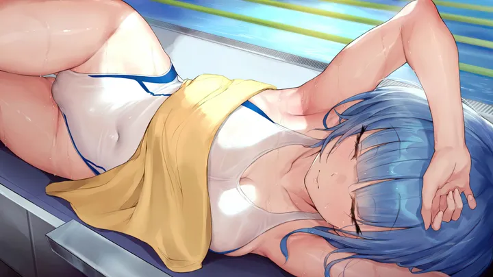 1girl,one-piece_swimsuit,arms_up,breasts,cleavage,on_side,bangs,solo,closed_eyes,closed_mouth,thighs,thigh_gap,horizontal,towel,water,pool,swimsuit,white_one-piece_swimsuit,blunt_bangs,smile,armpits,blue_hair,wet_swimsuit,wet,competition_swimsuit,lying,large_breasts,collarbone,covered_navel,highleg_swimsuit,highleg