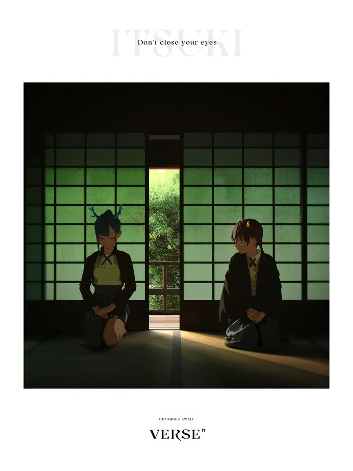 1girl,1boy,2girls,bangs,closed_eyes,closed_mouth,sitting,multiple_girls,jacket,indoors,collared_shirt,brown_hair,tatami,seiza,sliding_doors,white_shirt,short_hair,skirt,vertical,english_text,shirt,horns,open_jacket,open_clothes,long_sleeves,shouji,black_hair,black_jacket