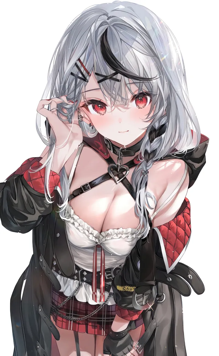 1girl,virtual_youtuber,x_hair_ornament,cowboy_shot,braid,breasts,cleavage,hood,bangs,solo,hairclip,garter_straps,closed_mouth,multicolored_hair,hair_ornament,jacket,camisole,gloves,hand_up,nail_polish,streaked_hair,fingerless_gloves,simple_background,plaid,plaid_skirt,grey_hair,jewelry,hand_in_own_hair,white_camisole,white_background,white_shirt,pleated_skirt,belt,looking_at_viewer,skirt,piercing,ear_piercing,vertical,red_nails,red_eyes,red_skirt,earrings,blush,shirt,open_jacket,open_clothes,leaning_forward,large_breasts,miniskirt,long_hair,long_sleeves,bare_shoulders,off_shoulder,collar,black_hair,black_jacket,black_gloves,black_belt,black_collar