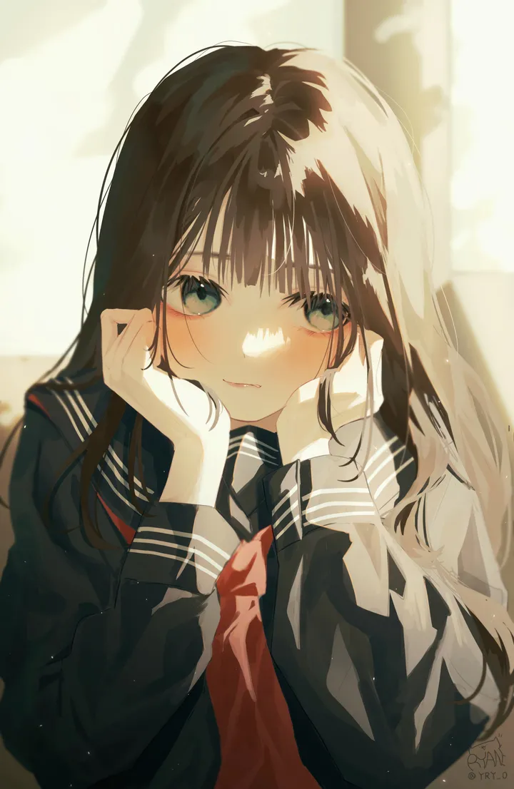 1girl,neckerchief,upper_body,bangs,solo,hands_up,hands_on_own_face,hands_on_own_cheeks,closed_mouth,indoors,head_rest,dated,school_uniform,brown_hair,serafuku,sailor_collar,blunt_bangs,looking_to_the_side,looking_away,vertical,signature,red_neckerchief,green_eyes,blush,blue_eyes,shirt,long_hair,long_sleeves,sunlight,black_hair,black_serafuku,black_sailor_collar,black_shirt