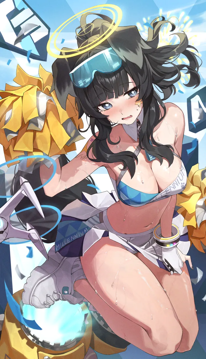 1girl,medium_breasts,breasts,cleavage,animal_ears,bangs,solo,cheerleader,pom_pom_cheerleading,thighs,halo,goggles_on_head,official_alternate_costume,stomach,tail,open_mouth,gloves,goggles,holding_pom_poms,holding,skirt_tug,sweat,dog_girl,dog_tail,dog_ears,white_skirt,white_footwear,looking_at_viewer,eyewear_on_head,skirt,vertical,navel,blush,sticker_on_face,blue_eyes,large_breasts,sneakers,miniskirt,long_hair,midriff,bare_shoulders,crop_top,shoes,ponytail,black_hair