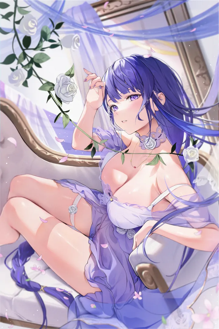 1girl,braid,arm_up,breasts,cleavage,crossed_legs,bangs,see-through,solo,single_braid,feet_out_of_frame,sitting,thighs,thigh_strap,indoors,very_long_hair,parted_lips,hand_up,nail_polish,couch,mole_under_eye,rose,mole,white_rose,white_flower,white_choker,picture_frame,looking_at_viewer,alternate_costume,curtains,vertical,purple_hair,purple_nails,purple_eyes,purple_dress,spaghetti_strap,blush,petals,falling_petals,strap_slip,large_breasts,dress,long_hair,bare_shoulders,off_shoulder,off-shoulder_dress,choker,flower,braided_ponytail