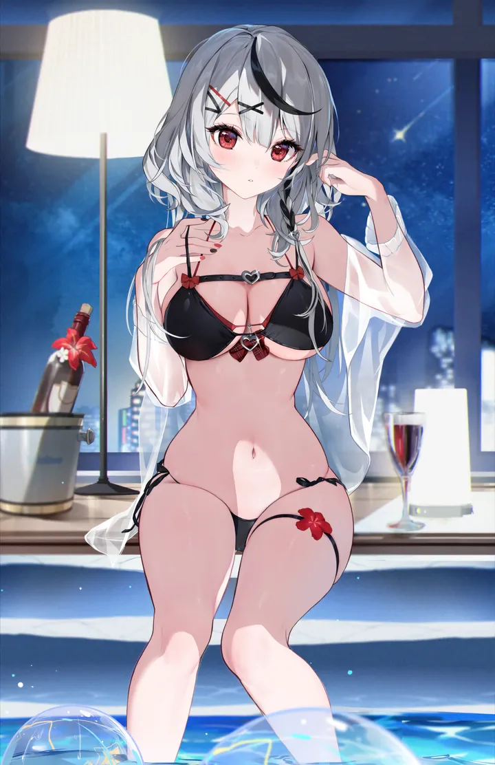 1girl,virtual_youtuber,x_hair_ornament,braid,side-tie_bikini_bottom,breasts,cleavage,bangs,see-through,solo,hands_up,hairclip,closed_mouth,sitting,multicolored_hair,night,night_sky,thighs,thigh_strap,sky,hair_ornament,indoors,stomach,nail_polish,streaked_hair,star_sky,cup,bikini,water,soaking_feet,pool,swimsuit,lamp,grey_hair,bottle,white_shirt,looking_at_viewer,window,vertical,string_bikini,red_nails,red_eyes,red_flower,wine_glass,navel,blush,wet,open_clothes,open_shirt,large_breasts,see-through_shirt,alcohol,drinking_glass,wine_bottle,long_hair,long_sleeves,flower,black_hair,black_bikini