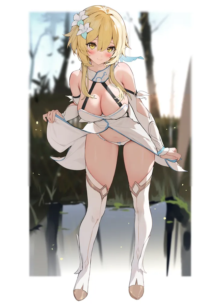 1girl,detached_sleeves,breasts,cleavage,full_body,underwear,panties,bangs,solo,closed_mouth,thighs,hair_flower,hair_ornament,sidelocks,hair_between_eyes,lifted_by_self,dress_lift,clothes_lift,blurry,blurry_background,white_panties,white_flower,white_thighhighs,white_dress,white_footwear,looking_at_viewer,vertical,feathers,feather_hair_ornament,navel,blush,large_breasts,thighhighs,dress,blonde_hair,boots,bare_shoulders,thigh_boots,flower,yellow_eyes